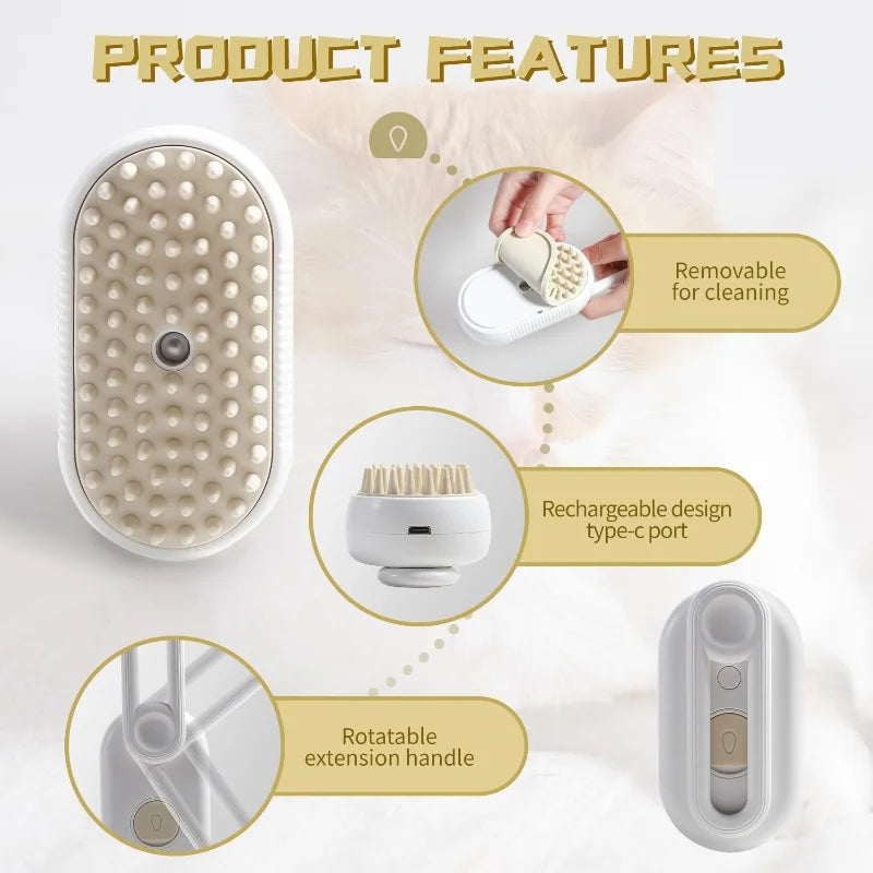 3-in-1 Electric Steam Brush for Cats: Grooming, Massage, and Hair Removal Comb with Water Spray Function