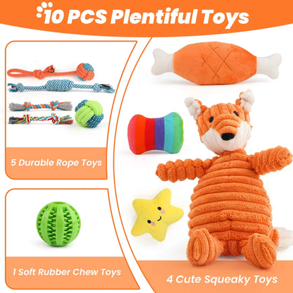 Premium 10-Pack Dog Toy Set for Small Breeds: Plush Squeaky Toys, Chew Toys, Treat Balls, and Rope Toys for Teething and Training