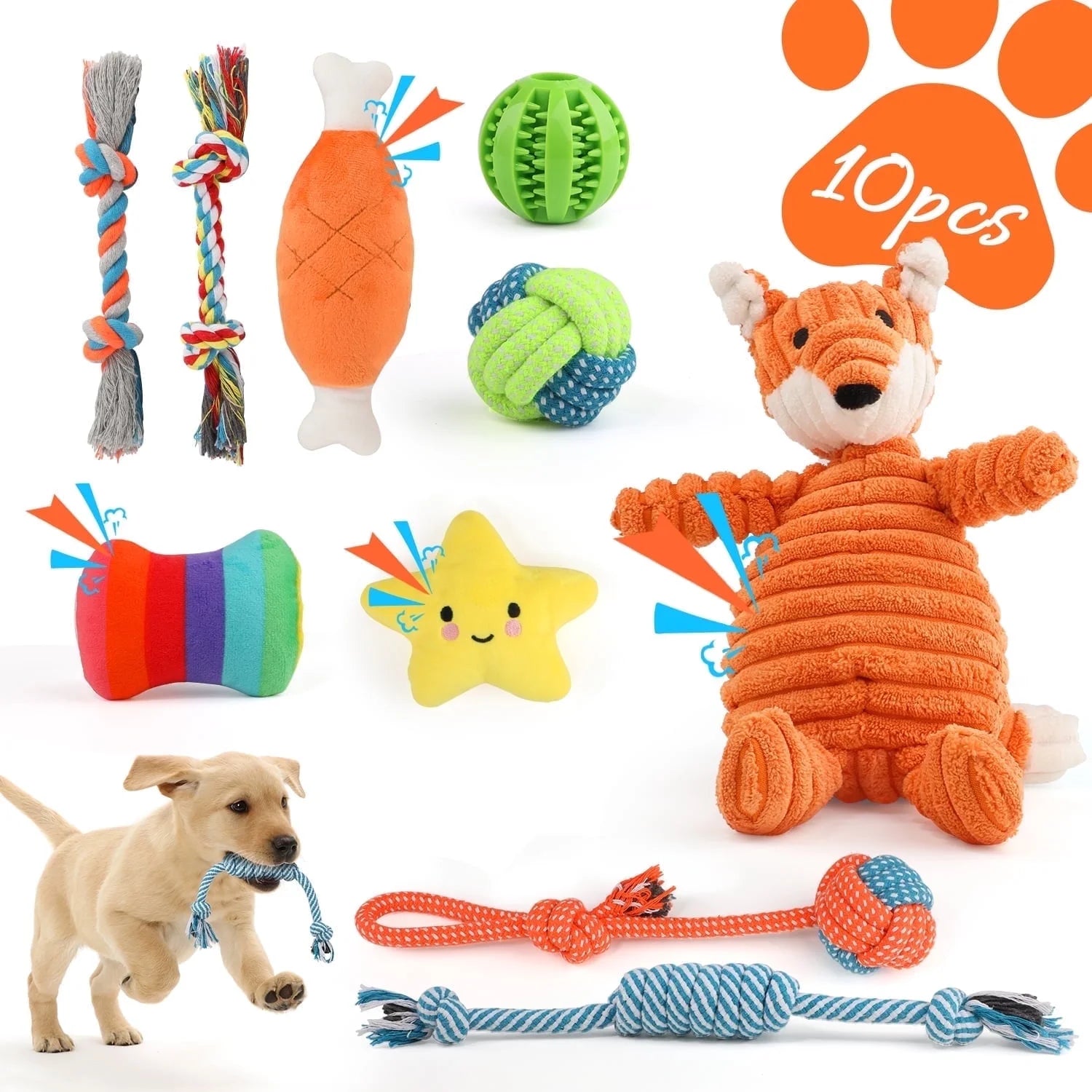 Premium 10-Pack Dog Toy Set for Small Breeds: Plush Squeaky Toys, Chew Toys, Treat Balls, and Rope Toys for Teething and Training