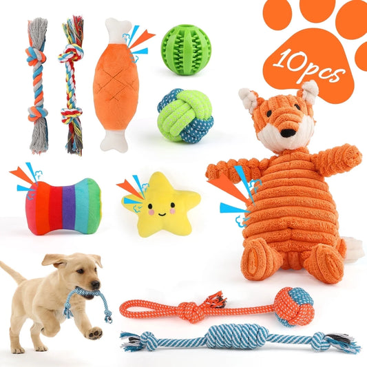 Premium 10-Pack Dog Toy Set for Small Breeds: Plush Squeaky Toys, Chew Toys, Treat Balls, and Rope Toys for Teething and Training
